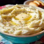 A bowl of creamy restaurant-style mashed potatoes topped with a pat of butter and herbs.