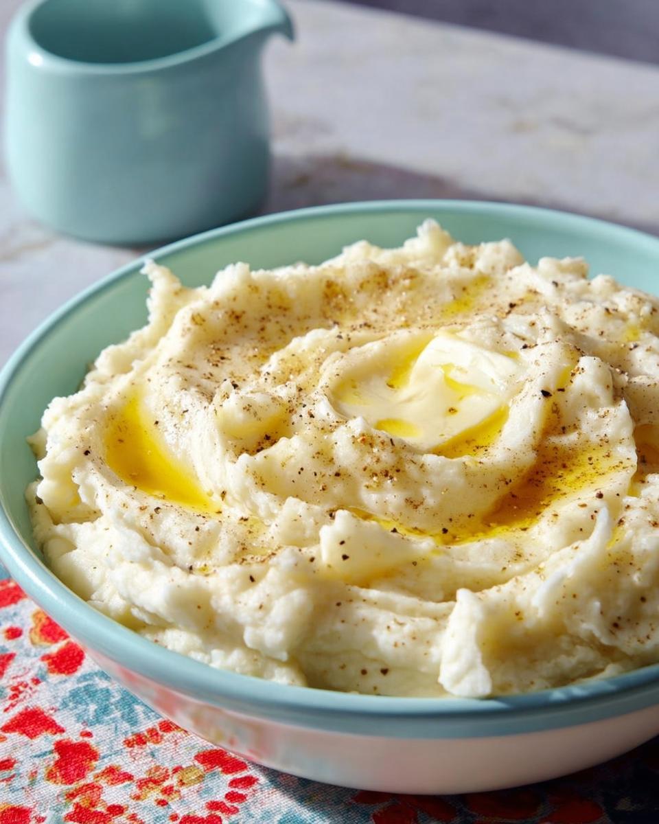 A close-up of creamy Restaurant-Style Mashed Potatoes Recipe at Home, topped with melting butter and cracked black pepper.