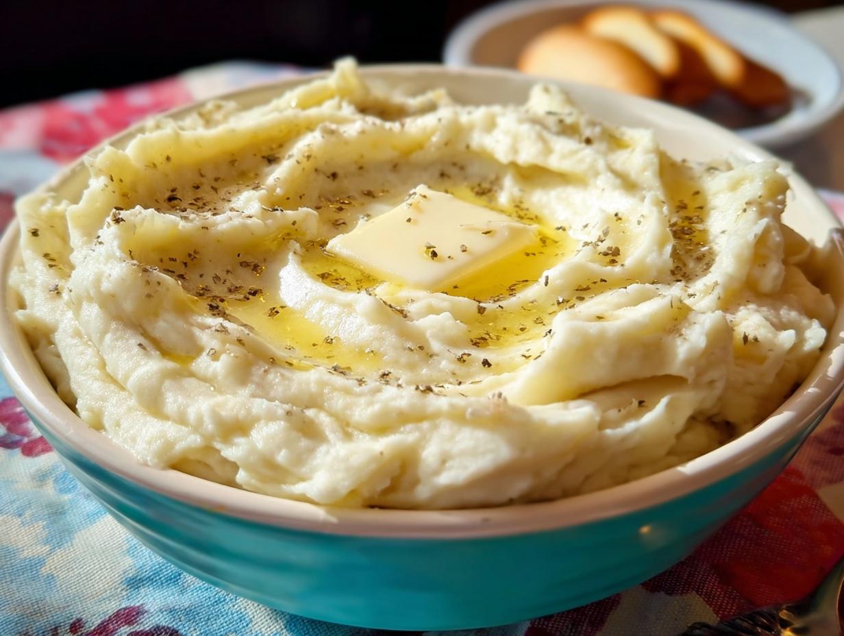A bowl of creamy restaurant-style mashed potatoes topped with a pat of butter and herbs.