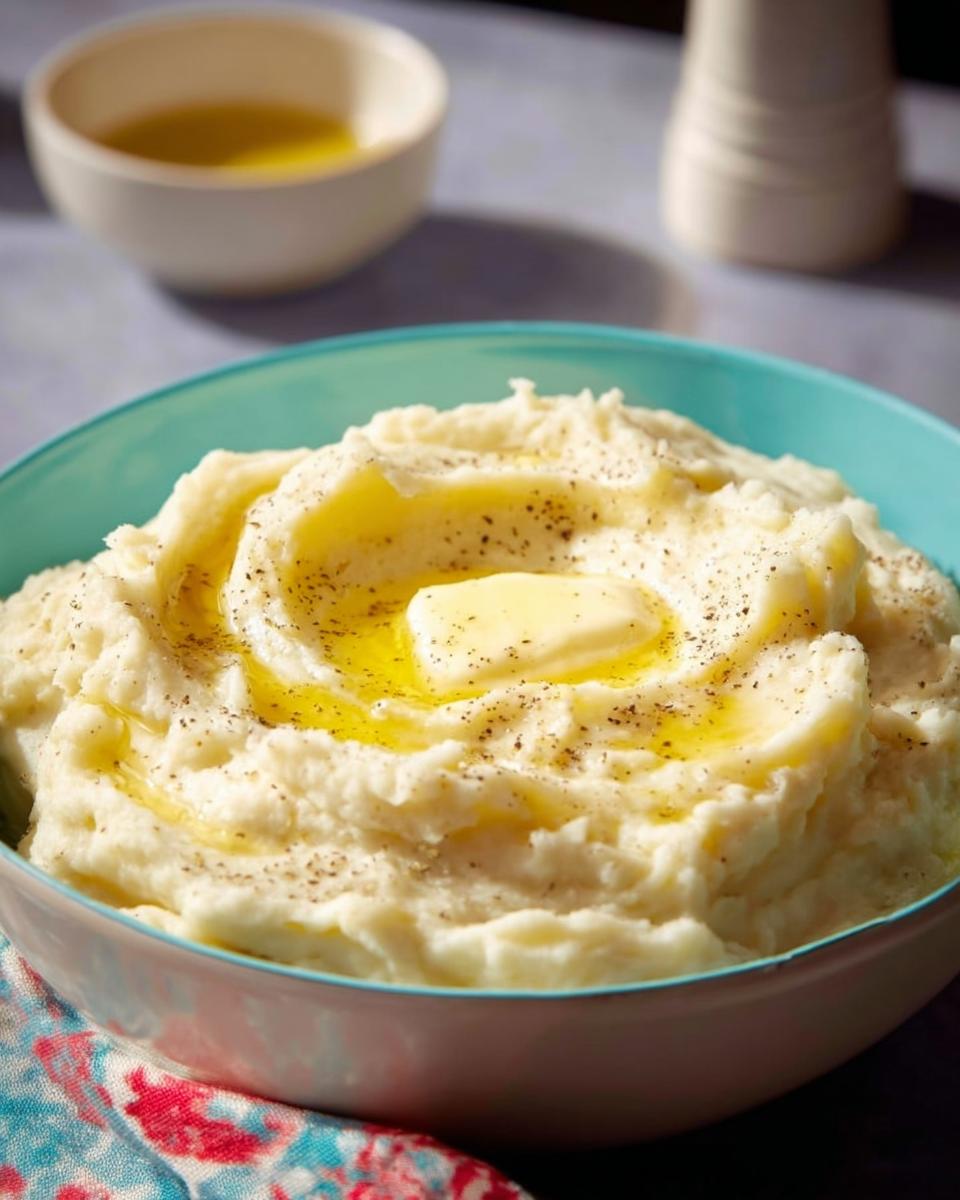 Close-up of creamy Restaurant-Style Mashed Potatoes Recipe at Home, topped with melting butter and cracked black pepper.