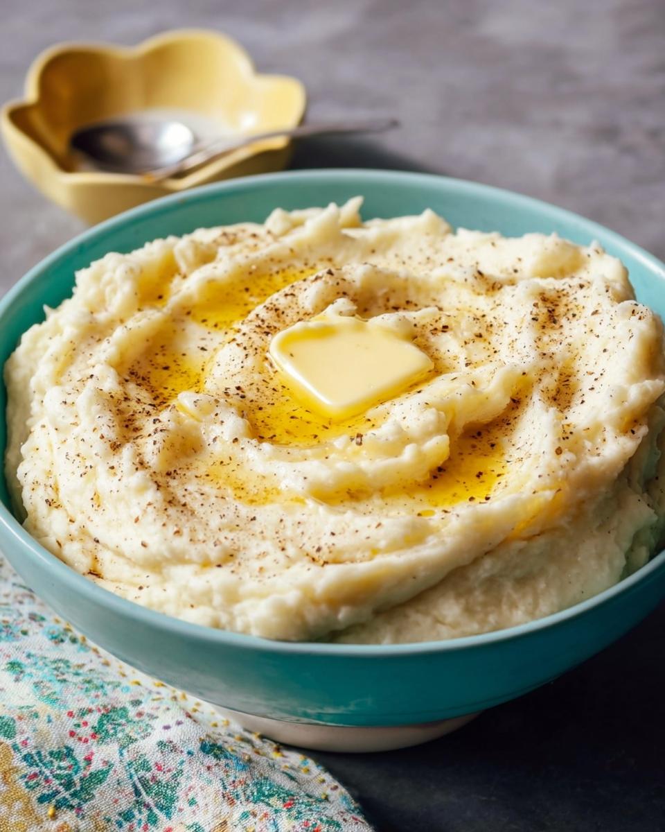 A close-up of creamy Restaurant-Style Mashed Potatoes topped with a pat of butter and cracked black pepper.