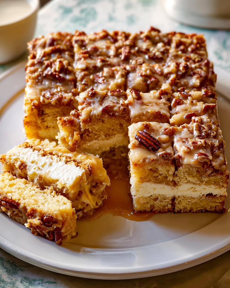 A slice of restaurant-style pecan praline cake with a creamy filling and drizzled glaze.