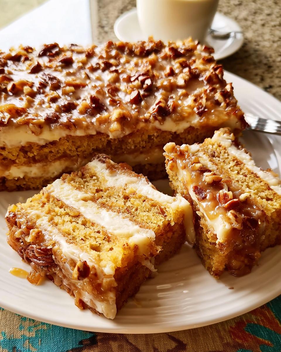 Close-up of a slice of restaurant-style pecan praline cake, featuring layers of moist cake, creamy frosting, and a pecan praline topping.