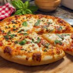 A freshly baked, restaurant-style pizza with melted cheese and basil, perfect for a pizza night at home.