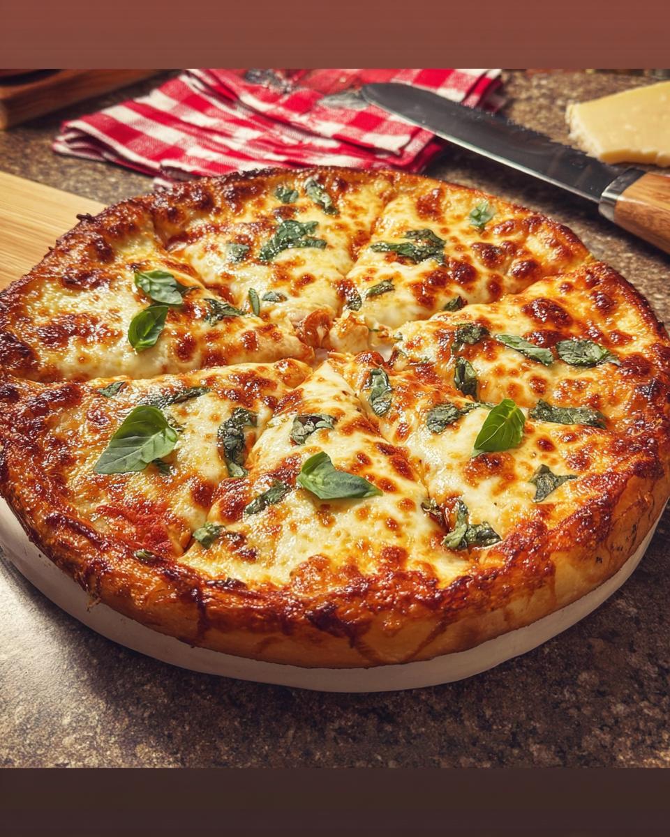 A delicious, golden-brown cheese pizza with fresh basil, perfect for a restaurant-style pizza night at home.