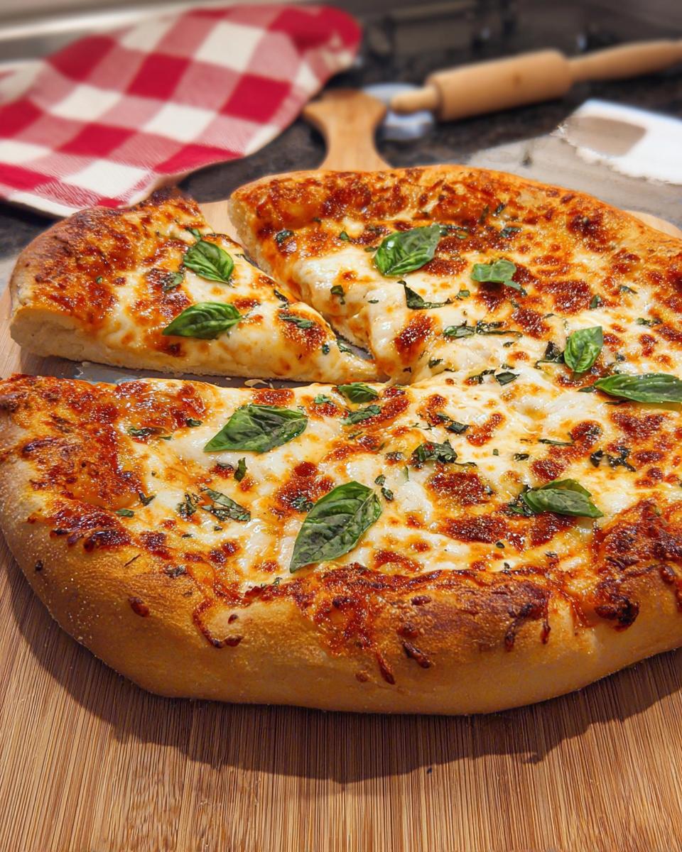 A delicious restaurant-style pizza with melted cheese and fresh basil, perfect for a pizza night at home.