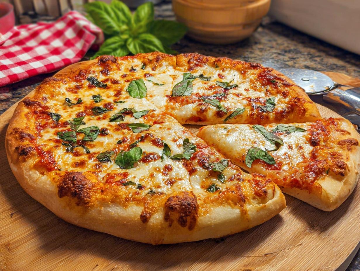 A freshly baked, restaurant-style pizza with melted cheese and basil, perfect for a pizza night at home.