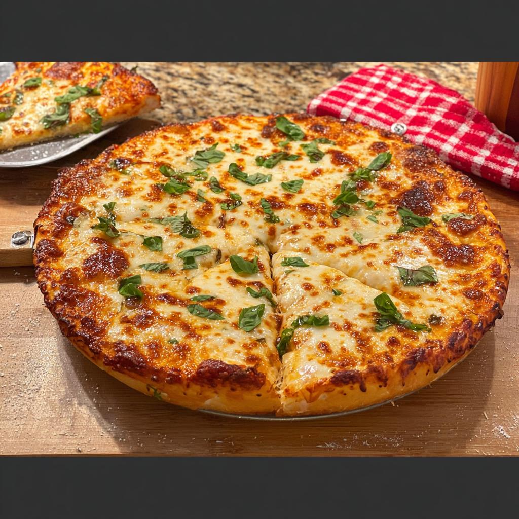 A whole cheese pizza with fresh basil, cut into slices, perfect for restaurant-style pizza night at home.