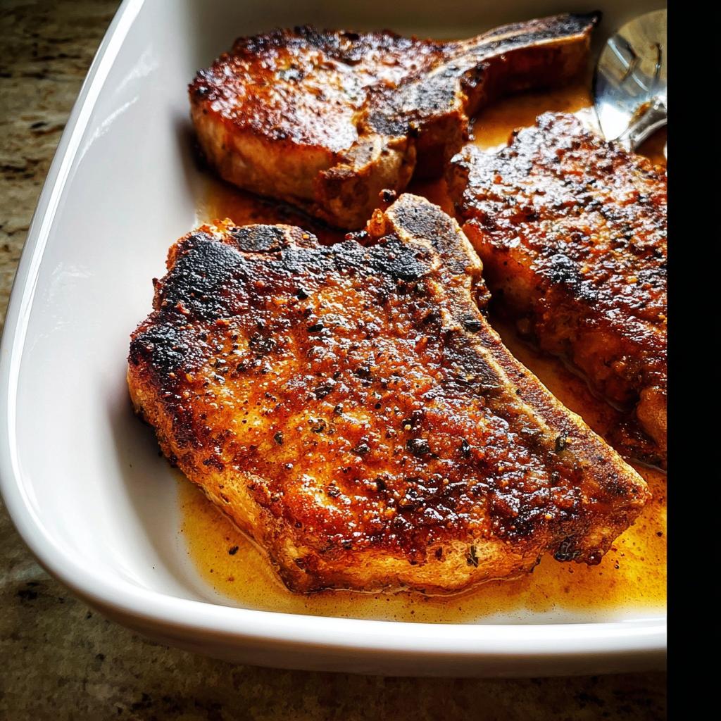 Three perfectly seared restaurant-style pork chops in a white dish, glistening with juices.