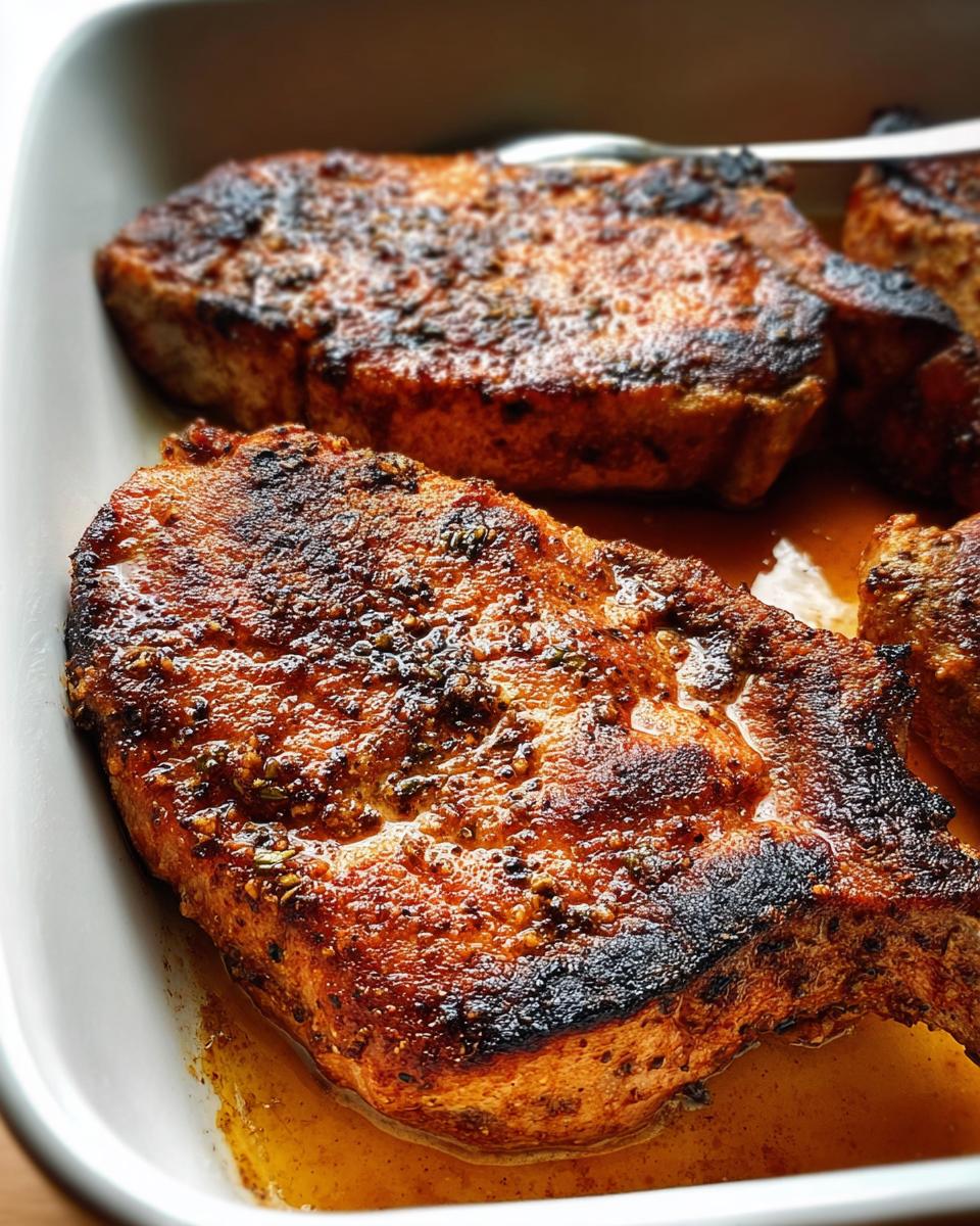 Close-up of juicy, perfectly seared restaurant-style pork chops in a white dish, seasoned with herbs and spices.