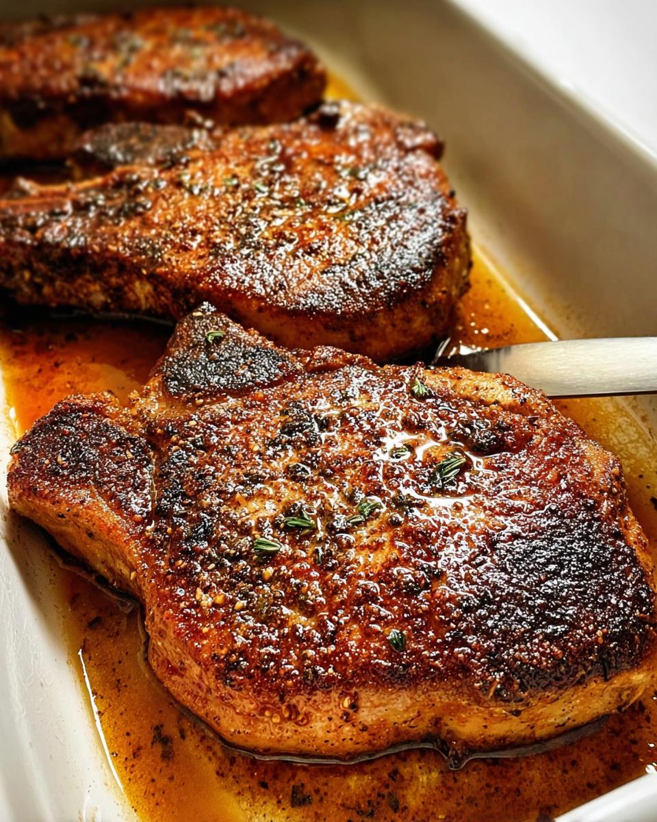 Close-up of juicy, pan-seared restaurant-style pork chops with a flavorful crust, served in a white dish.