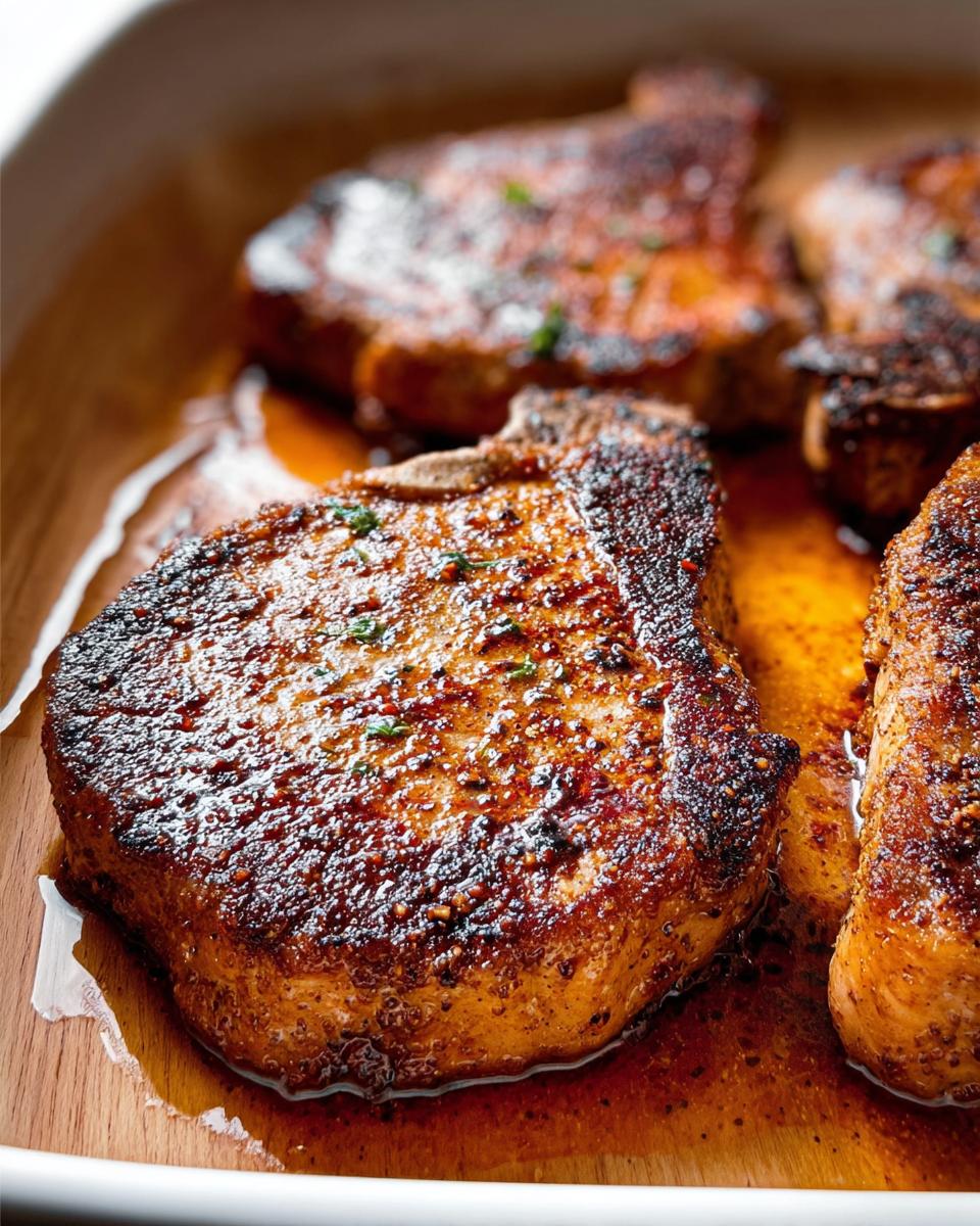 Close-up of perfectly seared restaurant-style pork chops, glistening in their own juices with herbs.