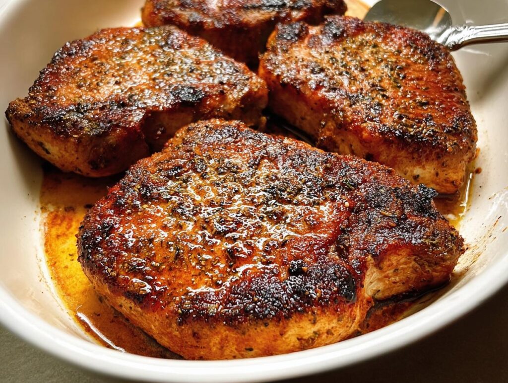 Close-up of perfectly seared restaurant-style pork chops, glistening with juices and seasoned with herbs.