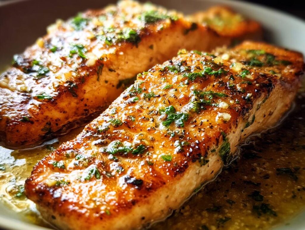Two perfectly cooked salmon fillets in a garlic herb butter sauce, a delicious restaurant-style salmon recipe.