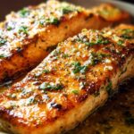 Two perfectly cooked salmon fillets in a garlic herb butter sauce, a delicious restaurant-style salmon recipe.