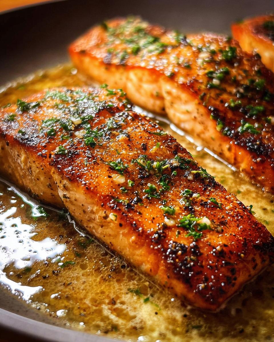 Close-up of pan-seared salmon fillets with a golden-brown crust, seasoned with herbs and spices, served in a buttery sauce.