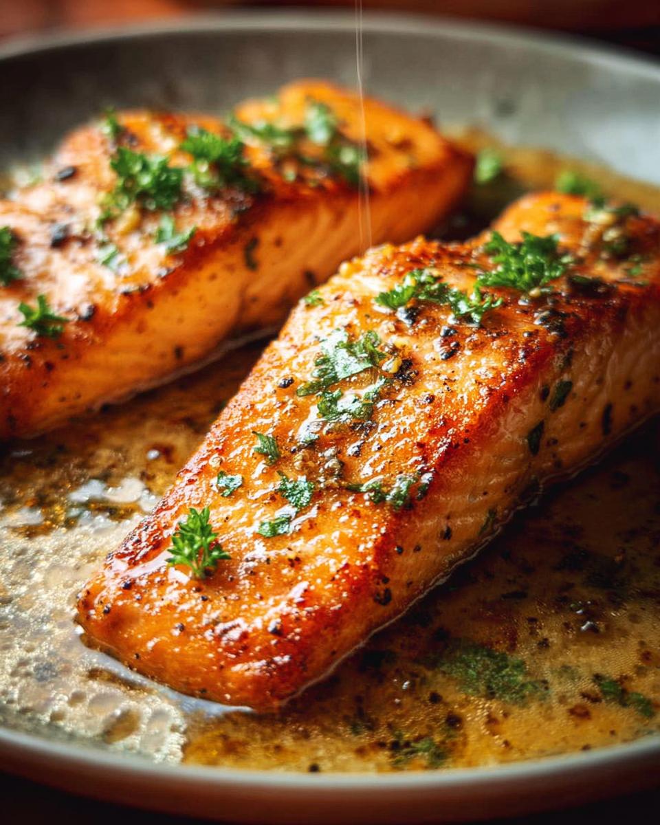 Two perfectly cooked salmon fillets with a golden-brown crust, seasoned with herbs, served in a rich sauce.