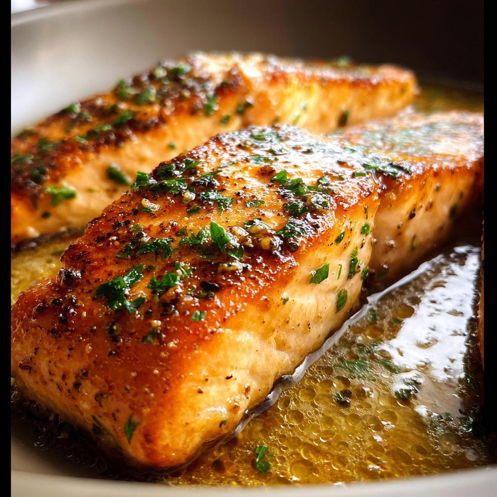 Close-up of perfectly pan-seared salmon fillets, glistening with butter and herbs, a key element in restaurant-style salmon recipes at home.