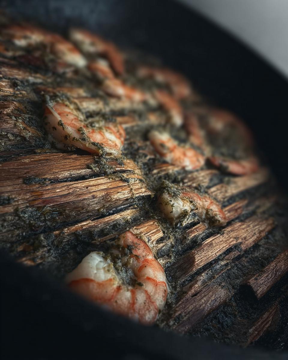 Close-up of pan-seared shrimp with herbs in a restaurant-style shrimp recipe.