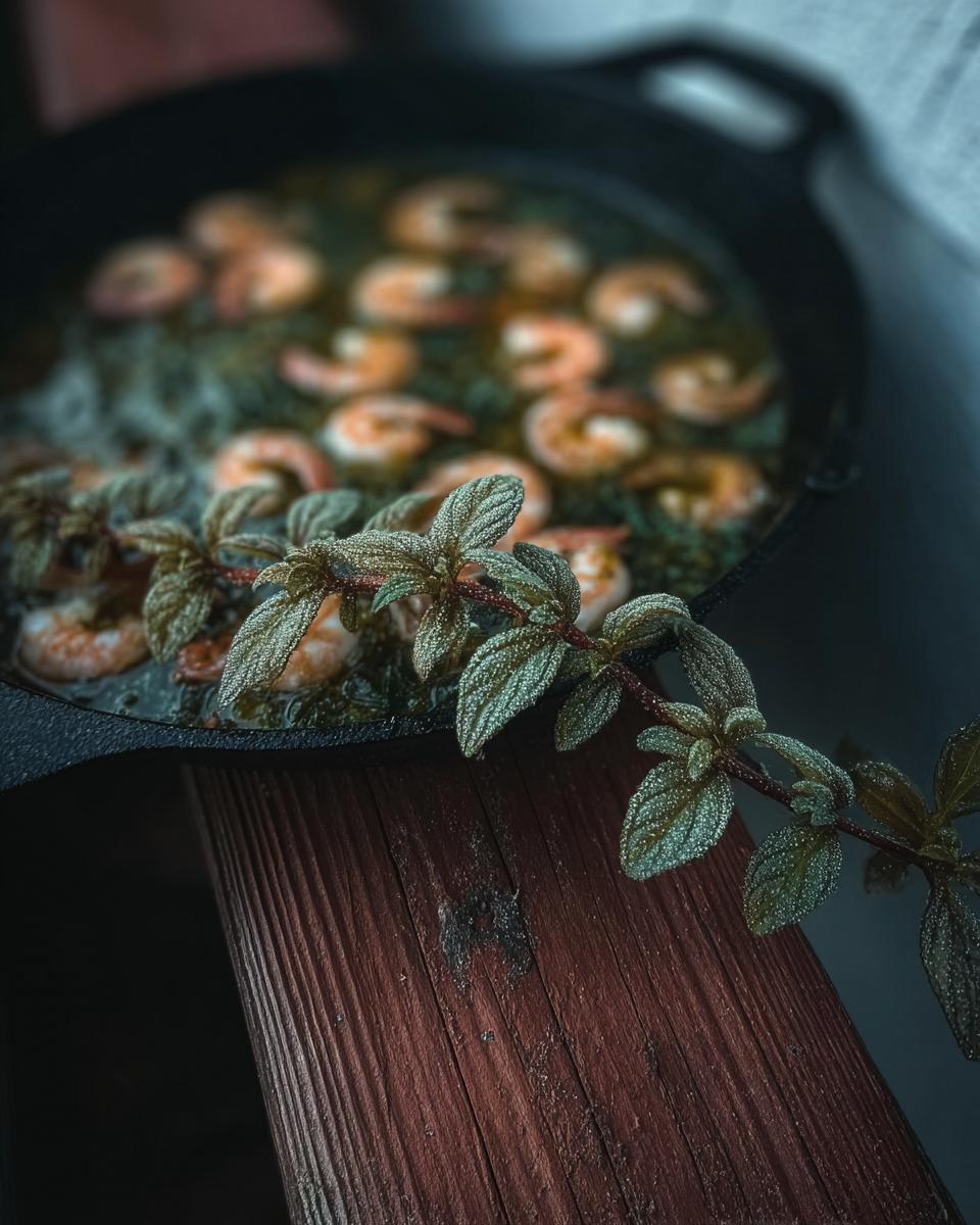 A cast-iron skillet filled with restaurant-style shrimp recipes at home, garnished with fresh herbs.