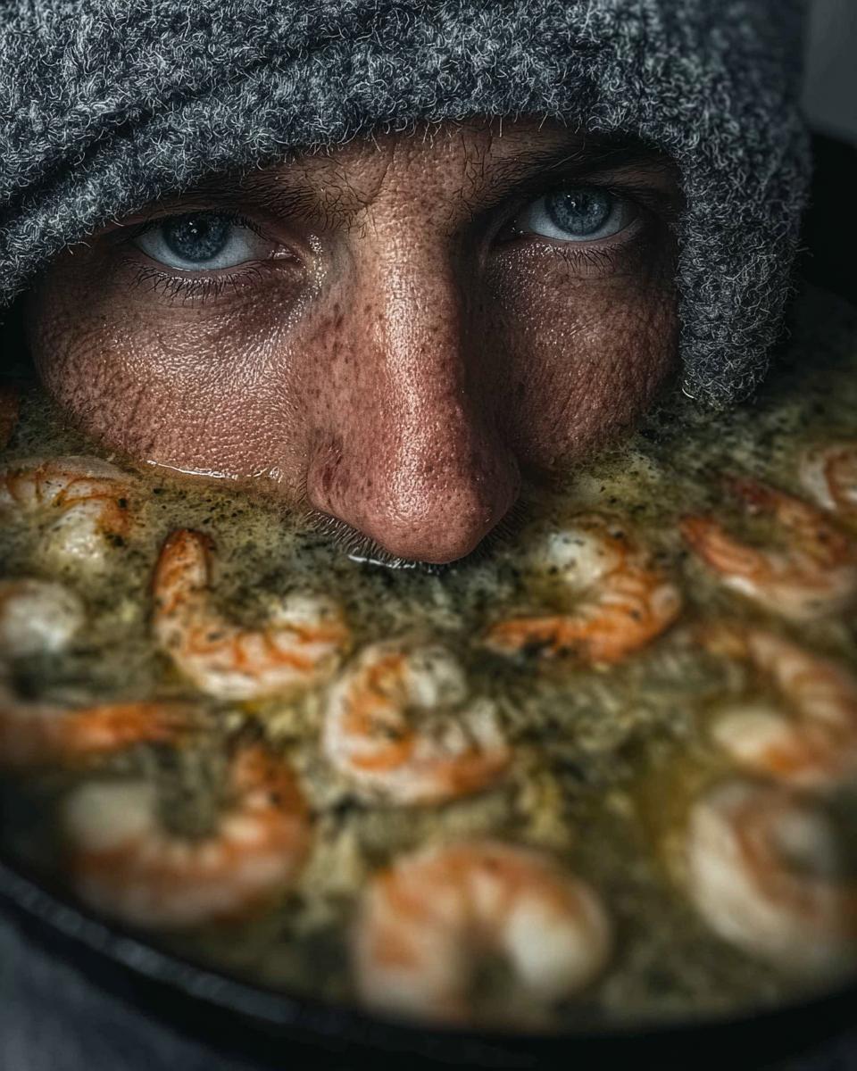 Close-up of a person's face peeking over a pan of restaurant-style shrimp recipes at home.
