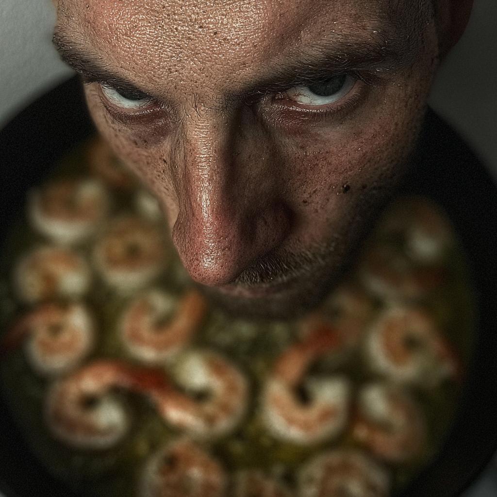 Close-up of a man's face looking down at a pan of cooked shrimp, emphasizing restaurant-style shrimp recipes at home.