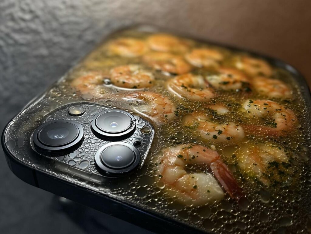 Close-up of cooked shrimp in a flavorful broth, part of restaurant-style shrimp recipes at home.