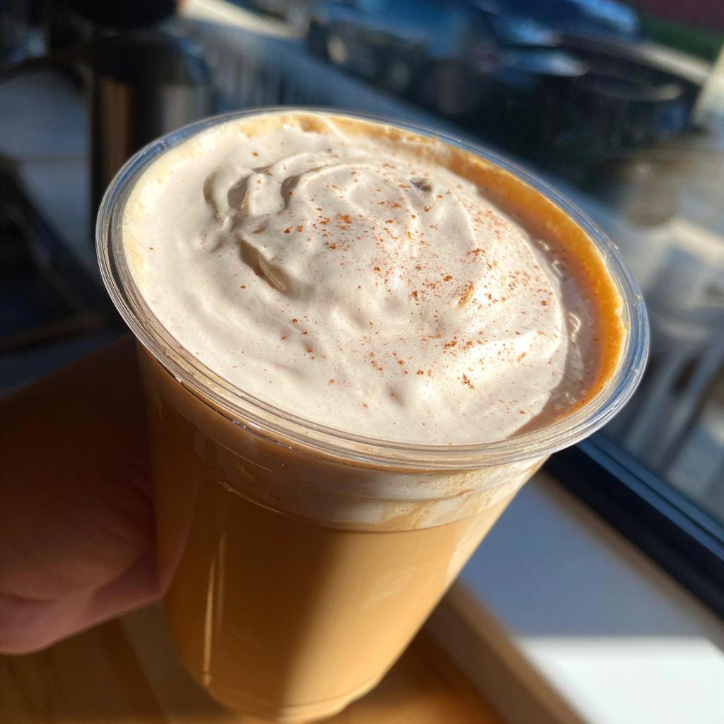 Close-up of a restaurant-style Starbucks drink with whipped cream and cinnamon, made at home.