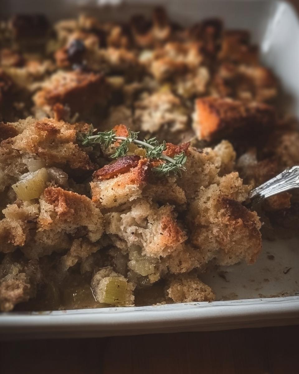 Close up of a serving spoon scooping out a portion of homemade restaurant-style stuffing, garnished with thyme.