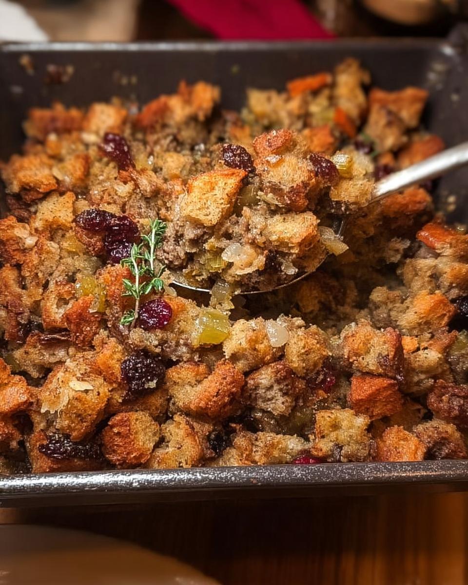 Close-up of a spoonful of restaurant-style stuffing, featuring bread cubes, ground meat, cranberries, and herbs.
