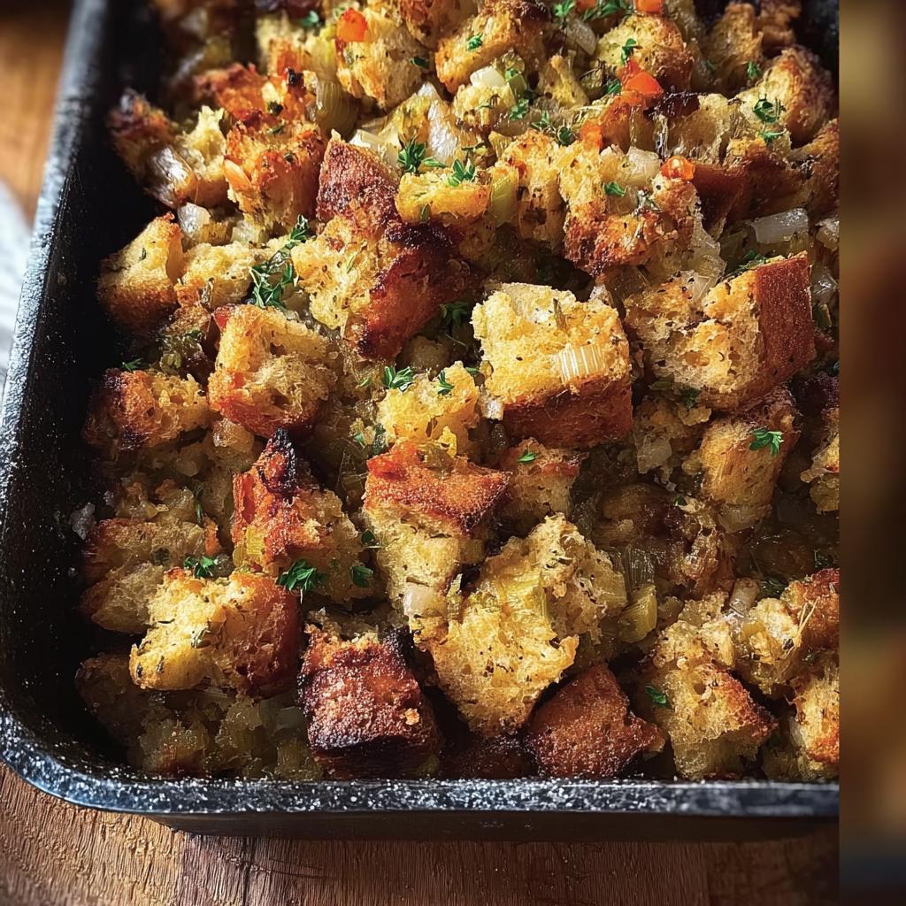 Close-up of a baking dish filled with golden-brown, homemade restaurant-style stuffing, garnished with fresh herbs.