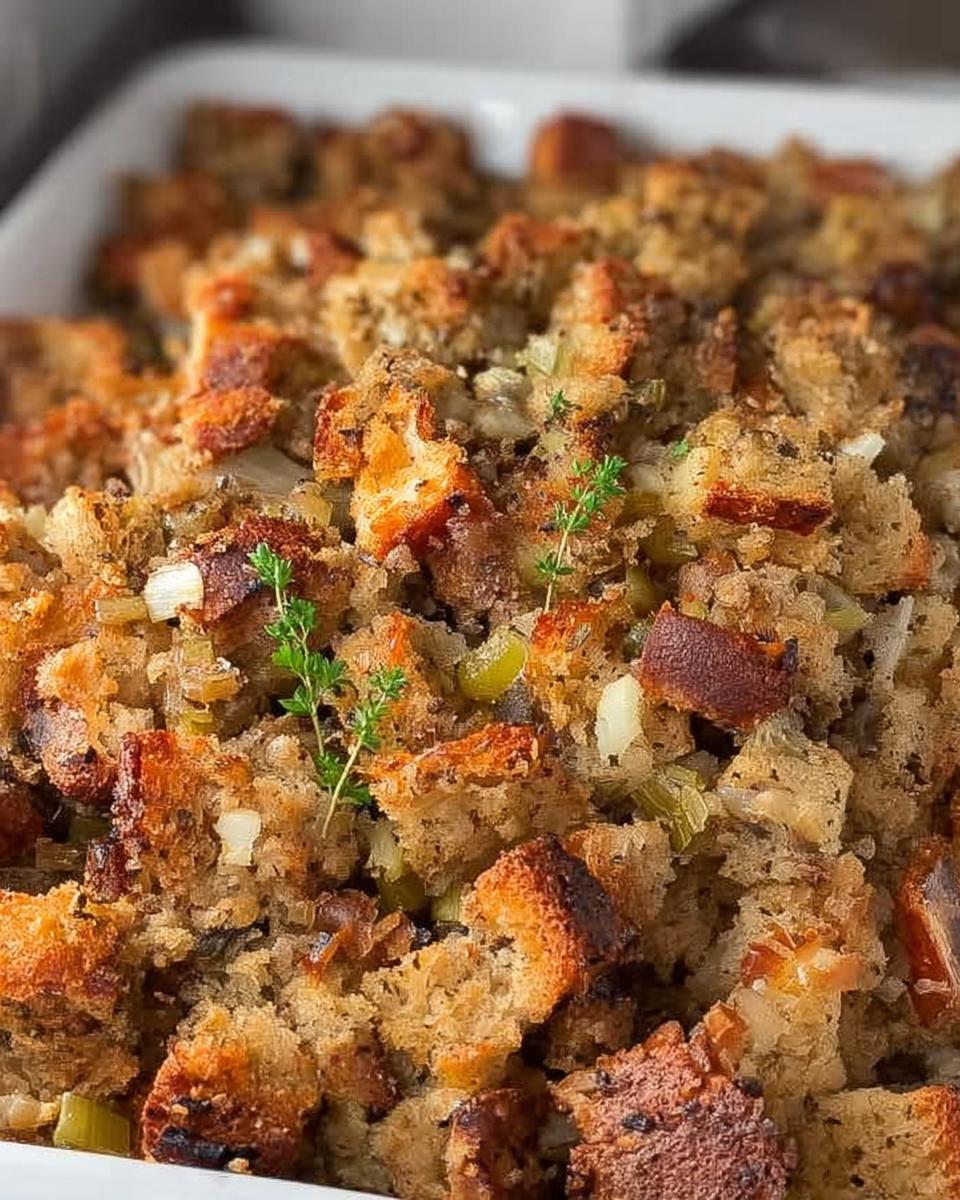 Close-up of a hearty, golden-brown restaurant-style stuffing recipe at home, with visible bread cubes, celery, and herbs.