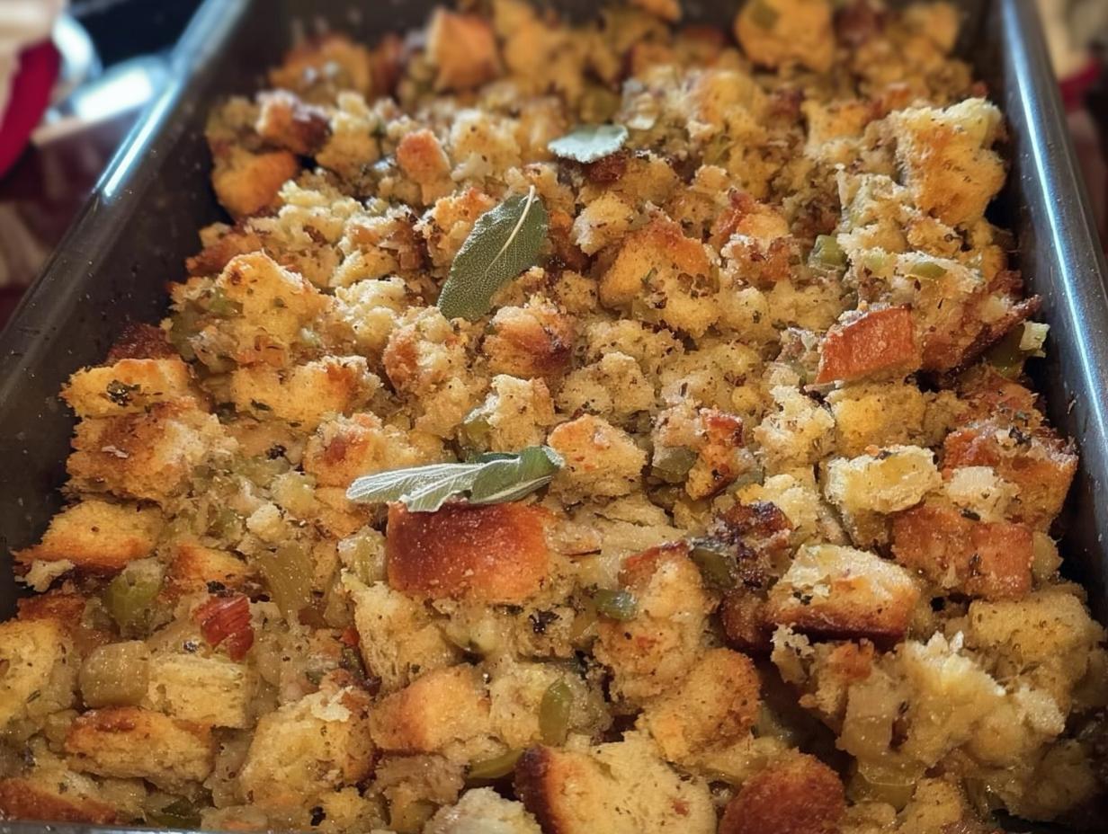 Close-up of a pan filled with freshly baked restaurant-style stuffing, featuring bread cubes, herbs, and sage leaves.