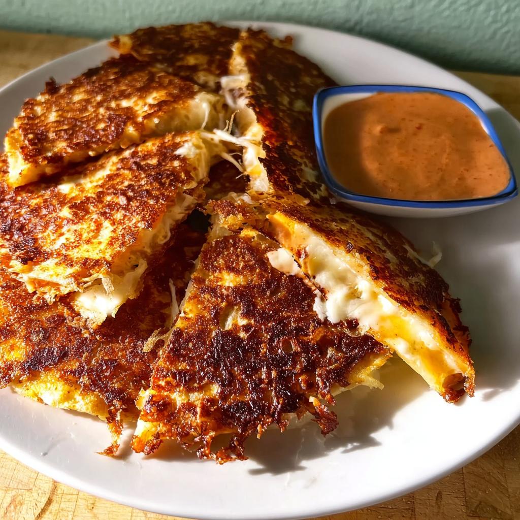 Golden-brown crispy cheese quesadilla cut into wedges, served with a side of dipping sauce, perfect for Restaurant-Style Taco Tuesday Recipes at Home.