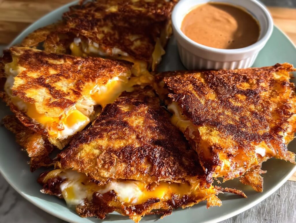 Golden-brown crispy quesadillas filled with melted cheese, served with a side of dipping sauce for Taco Tuesday.