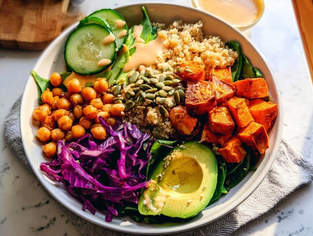 A vibrant and healthy rice bowl recipe featuring quinoa, roasted sweet potatoes, chickpeas, avocado, and red cabbage.