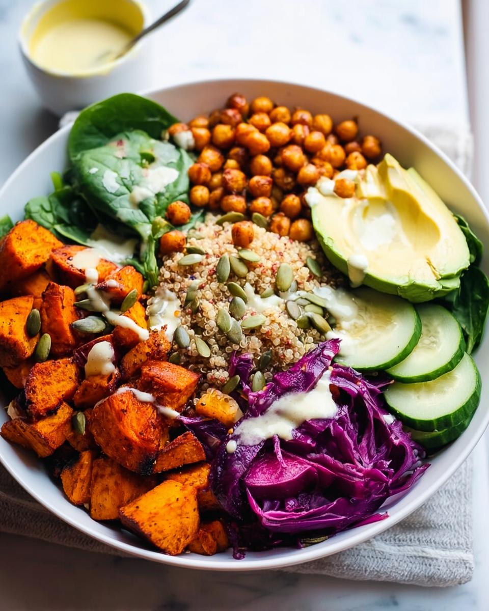 A vibrant rice bowl recipe featuring roasted sweet potatoes, chickpeas, quinoa, avocado, spinach, cucumber, and red cabbage, drizzled with dressing.