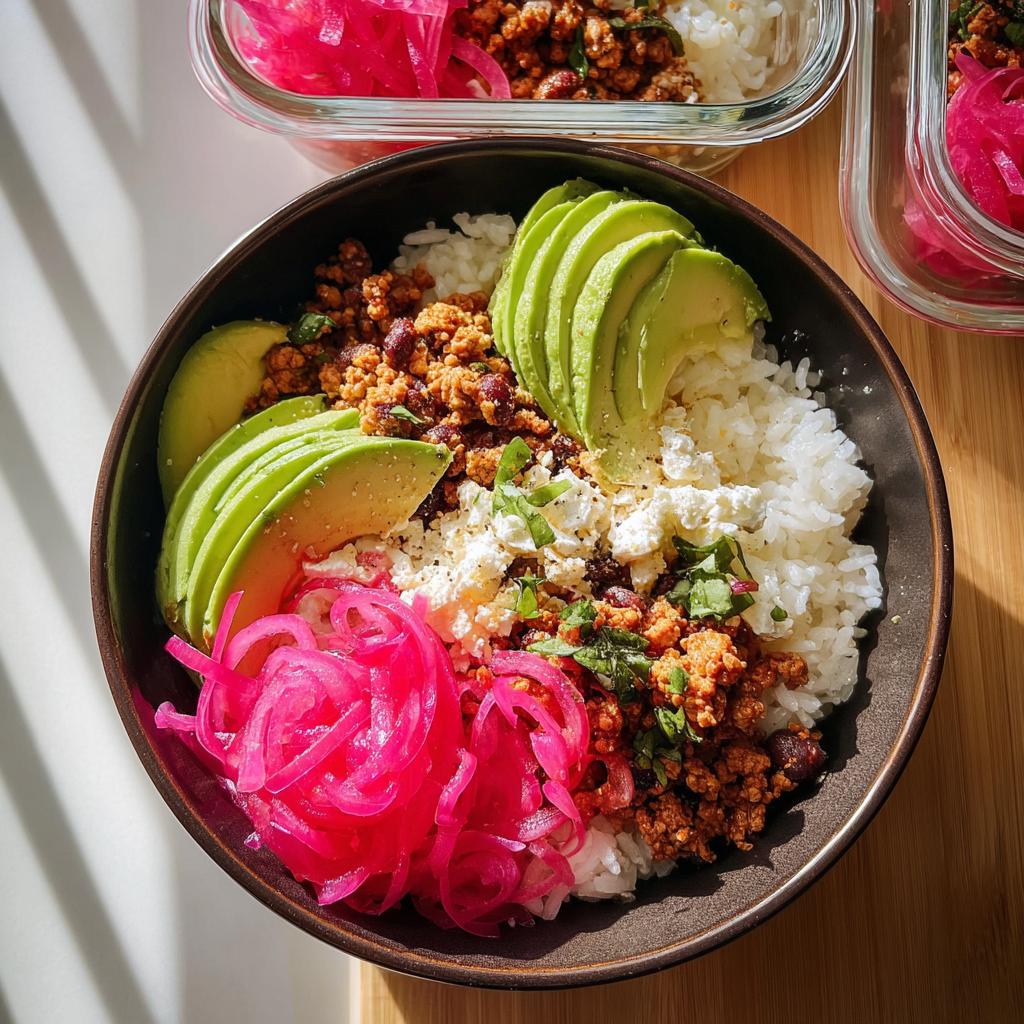 A close-up of a delicious rice bowl meal prep with avocado, seasoned ground meat, pickled onions, and feta cheese.