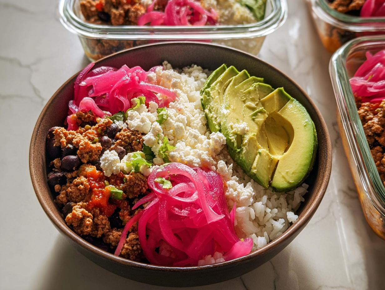 A close-up of a flavorful rice bowl recipe meal prep, featuring rice, ground meat, black beans, avocado, cheese, and pickled onions.