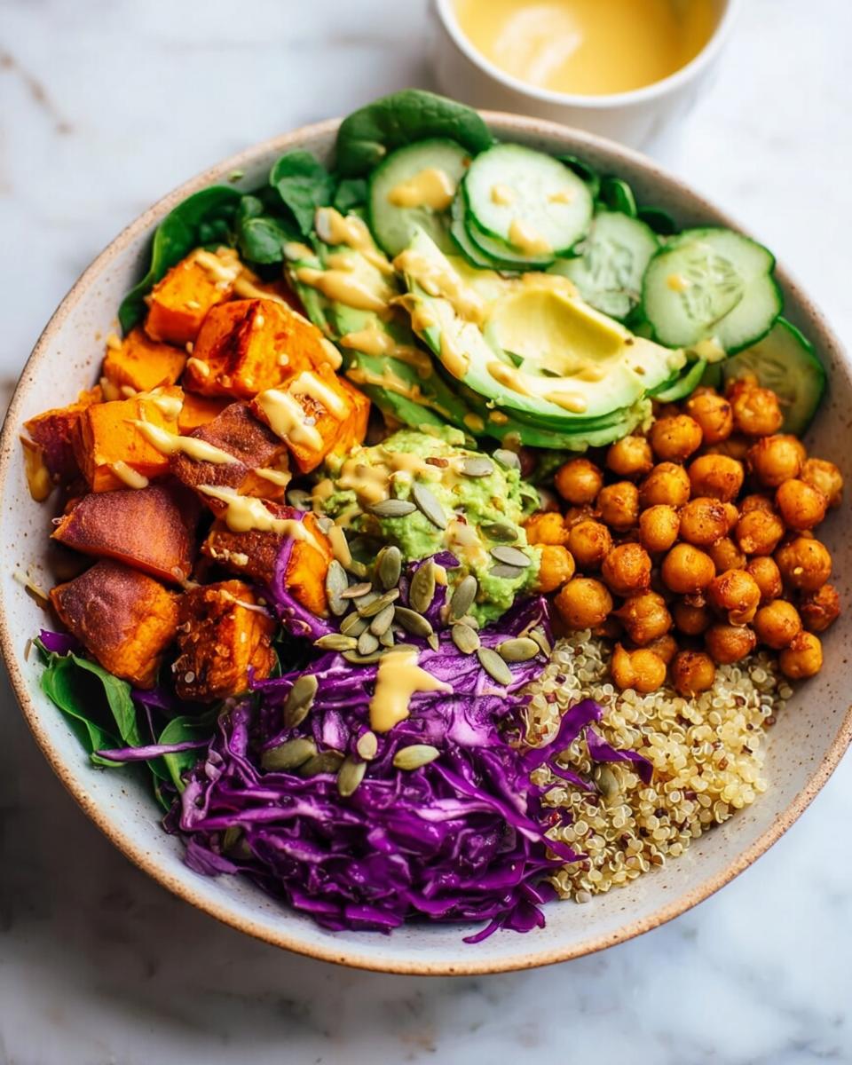 A colorful and healthy rice bowl recipe featuring quinoa, roasted sweet potatoes, avocado, chickpeas, cucumber, and red cabbage.