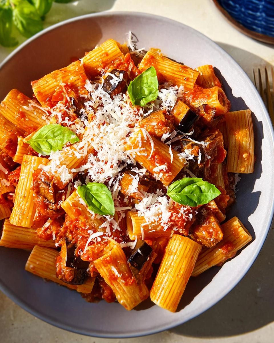 A close-up of rigatoni pasta with a rich tomato and eggplant sauce, topped with grated cheese and fresh basil. Part of the 12-Ingredient Pasta Recipes.