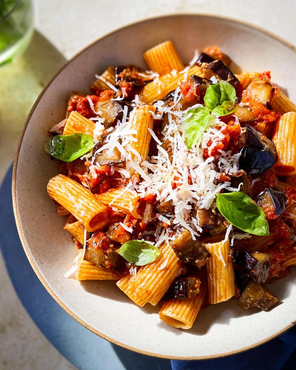 A bowl of rigatoni pasta with chunks of eggplant in a rich tomato sauce, topped with grated cheese and fresh basil. Part of our 12-Ingredient Pasta Recipes.