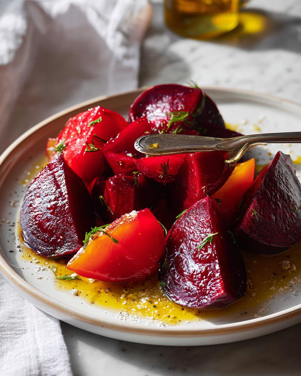 A close-up of roasted beet wedges, drizzled with olive oil and herbs, as part of a veggie sides recipe.
