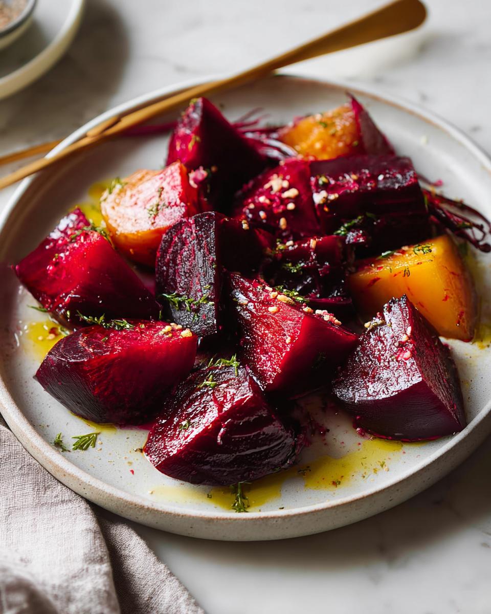 A plate of roasted beetroot wedges, some red and some golden, drizzled with oil and sprinkled with herbs and sesame seeds.