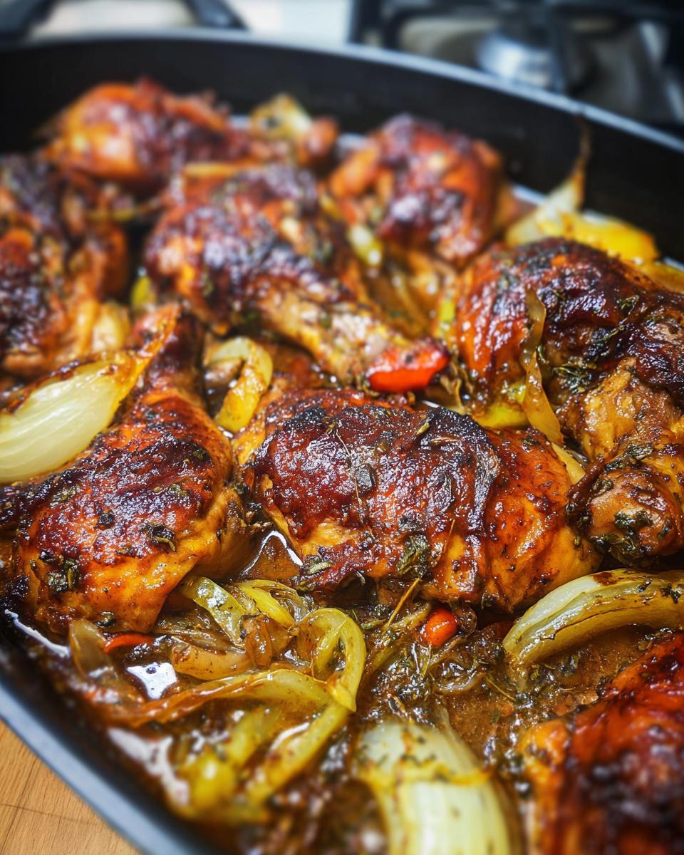 Close-up of a pan of roasted chicken recipes with onions and herbs.
