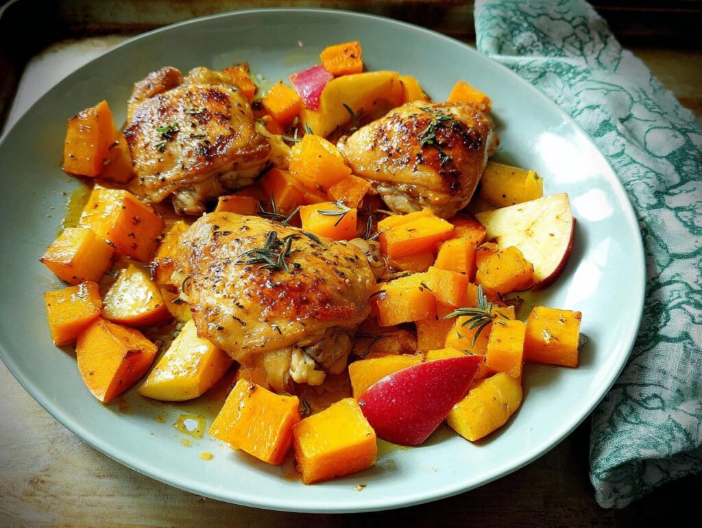 A plate of roasted chicken thighs with chunks of butternut squash and apple slices, seasoned with rosemary.