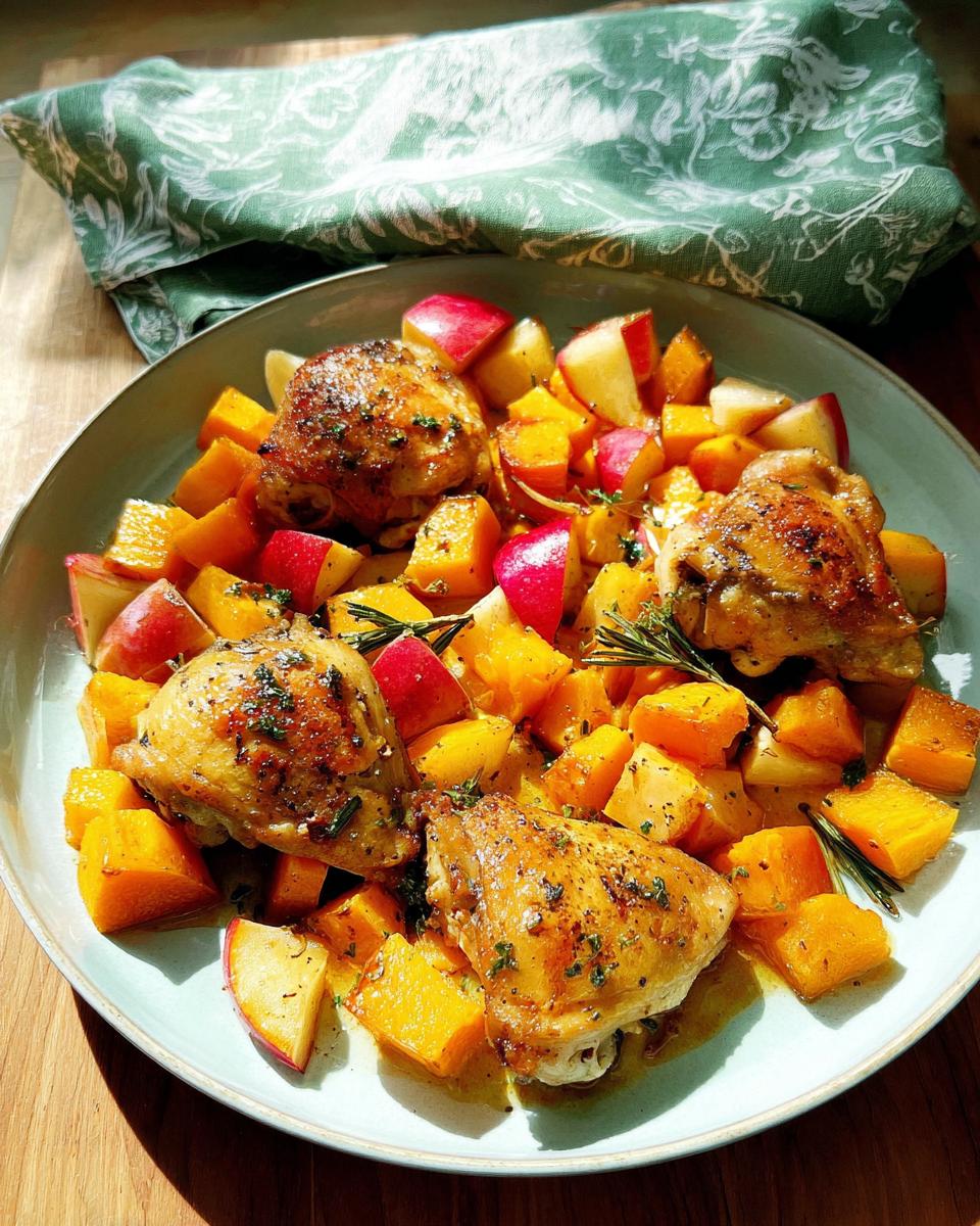 A serving of roasted chicken thighs with cubes of butternut squash and apple wedges, garnished with rosemary.