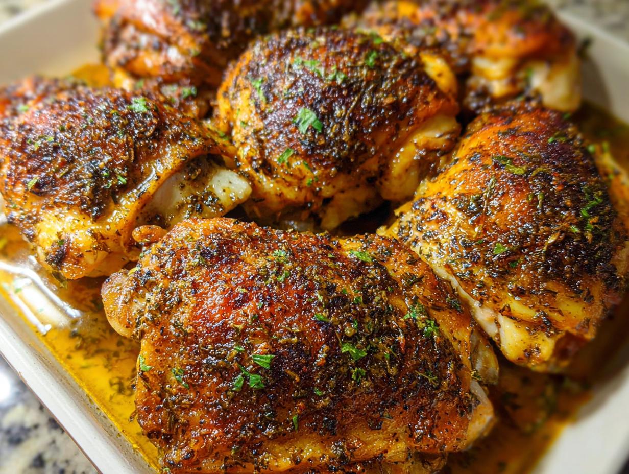 Close-up of perfectly roasted chicken thighs with crispy skin, seasoned with herbs, in a dish.