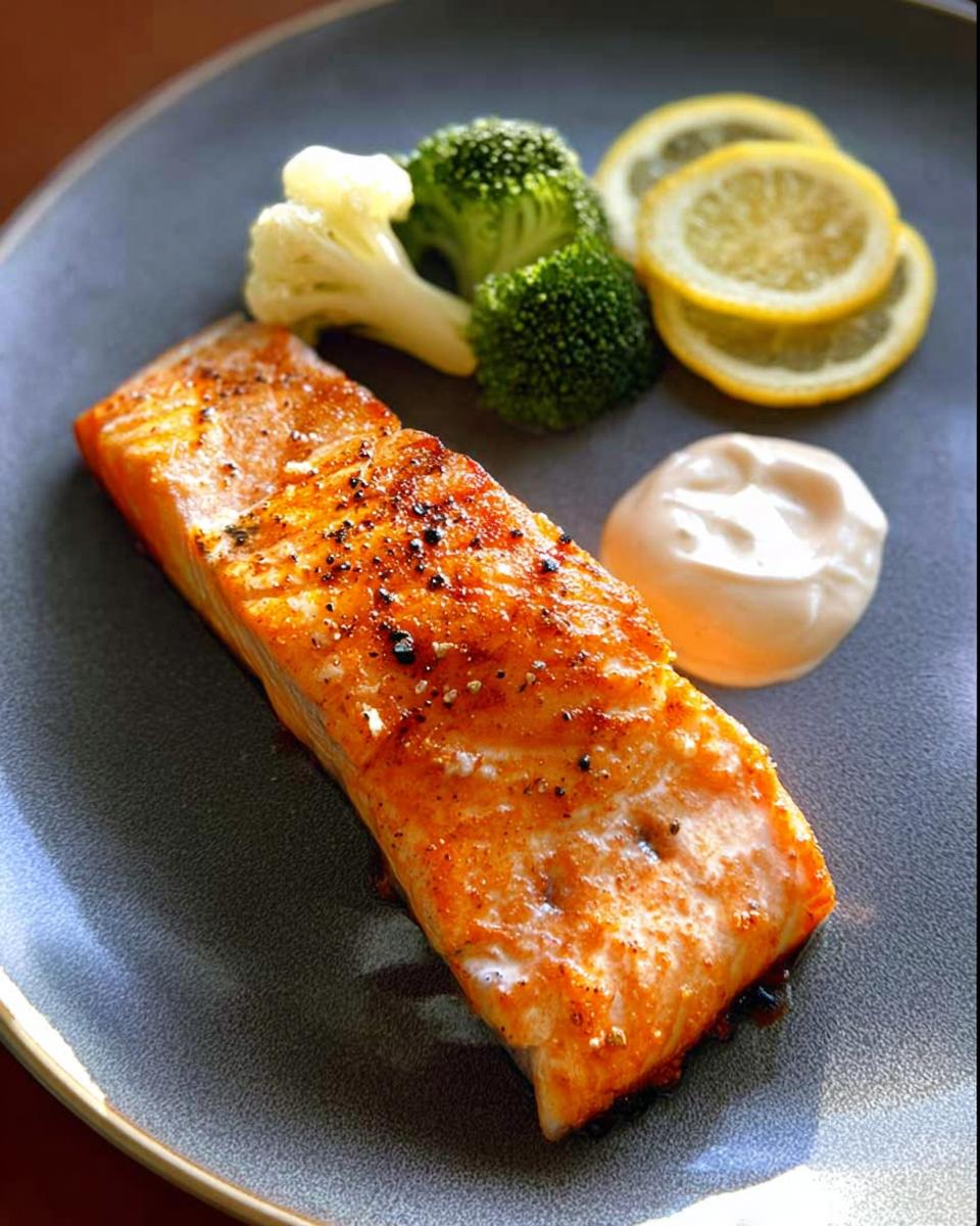 A delicious fillet of salmon, seasoned and cooked to perfection, served with broccoli, cauliflower, lemon slices, and a dollop of sauce. Part of 12-Ingredient Salmon Recipes.