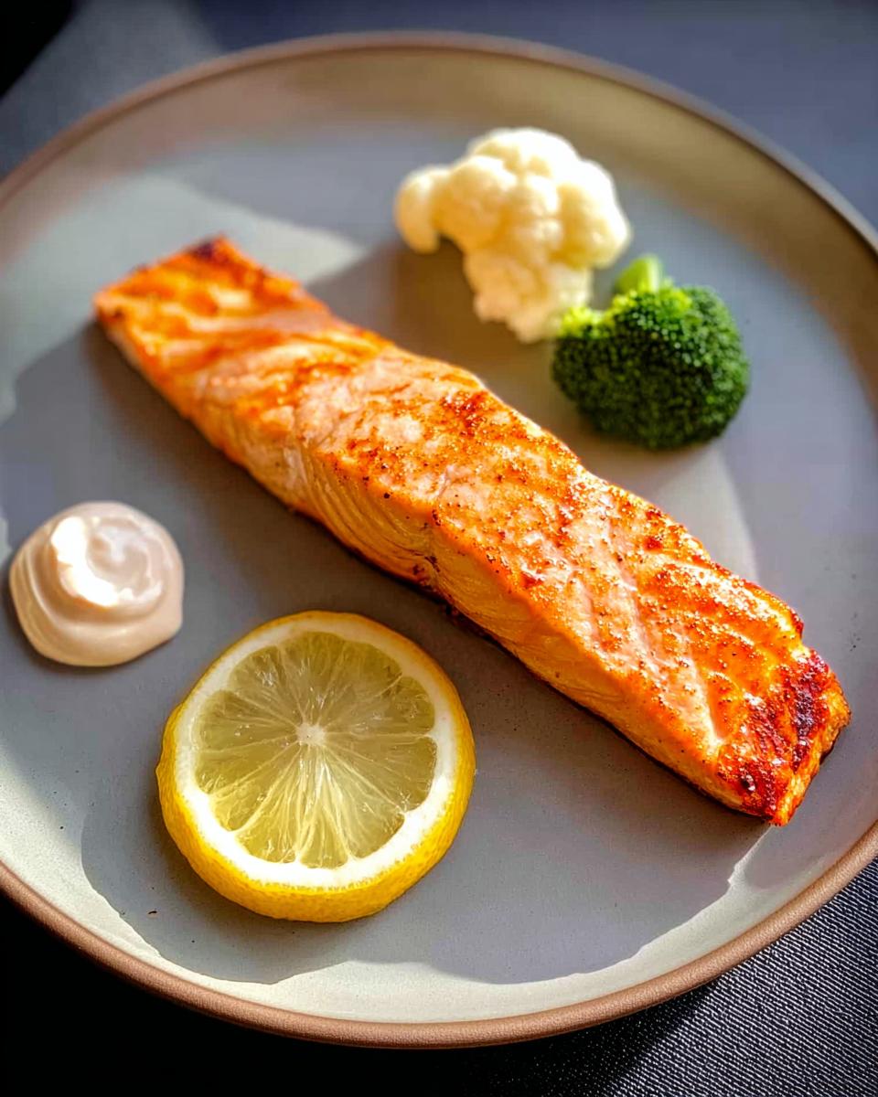 A perfectly cooked salmon fillet with a side of broccoli, cauliflower, a lemon slice, and a dollop of sauce, showcasing one of the 12-Ingredient Salmon Recipes.